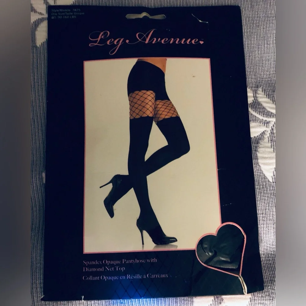 leg avenue pantyhose black with diamond fishnet top ladies sz Tall 90-160# NEW